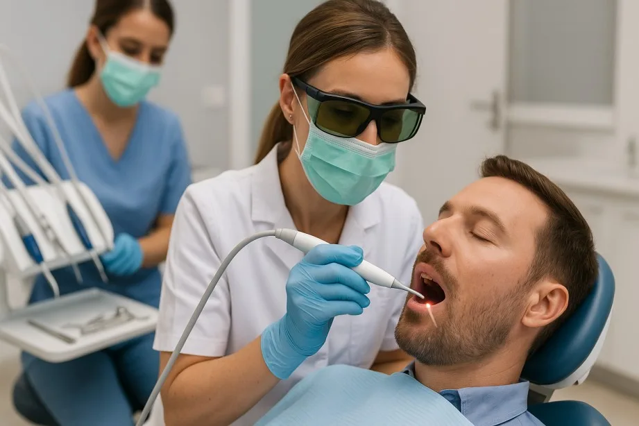 Dentist using laser tool on patient in clinic