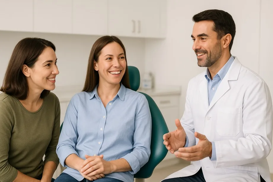 Patient with companion speaking to smiling dentist.