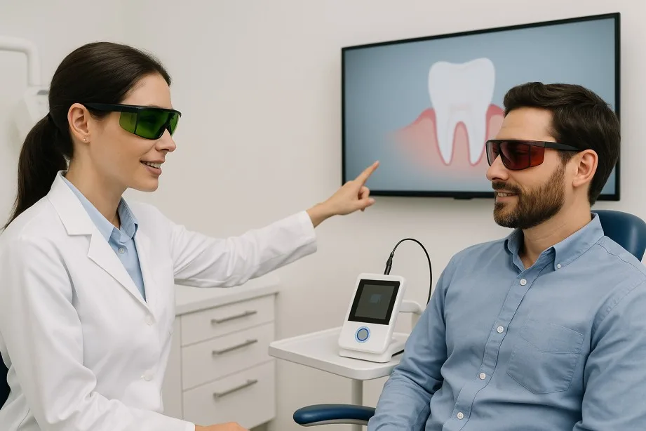 Dentist explaining laser gum treatment to patient