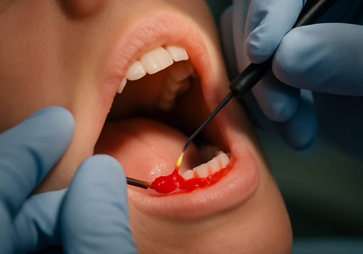 Close-up of a dentist's gloved hands carefully applying a vibrant red