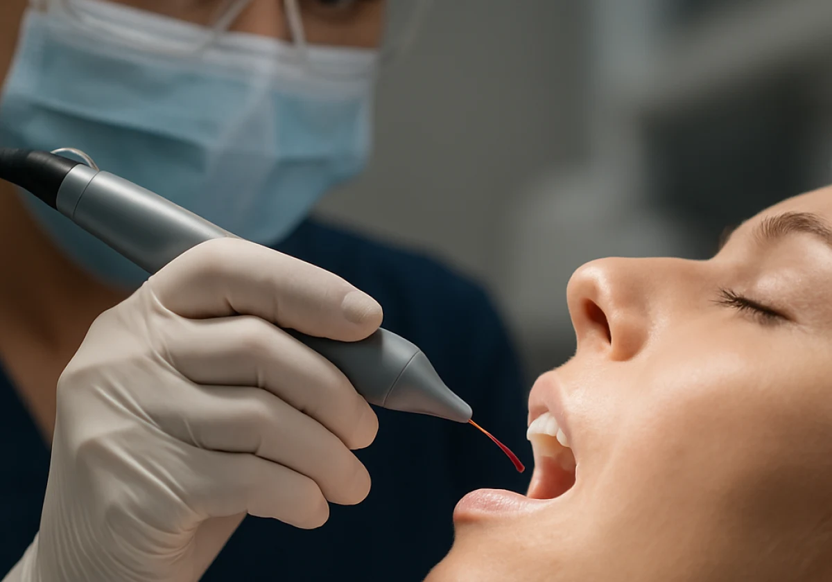 Dental professional holding a diode laser handpiece with a thin red
