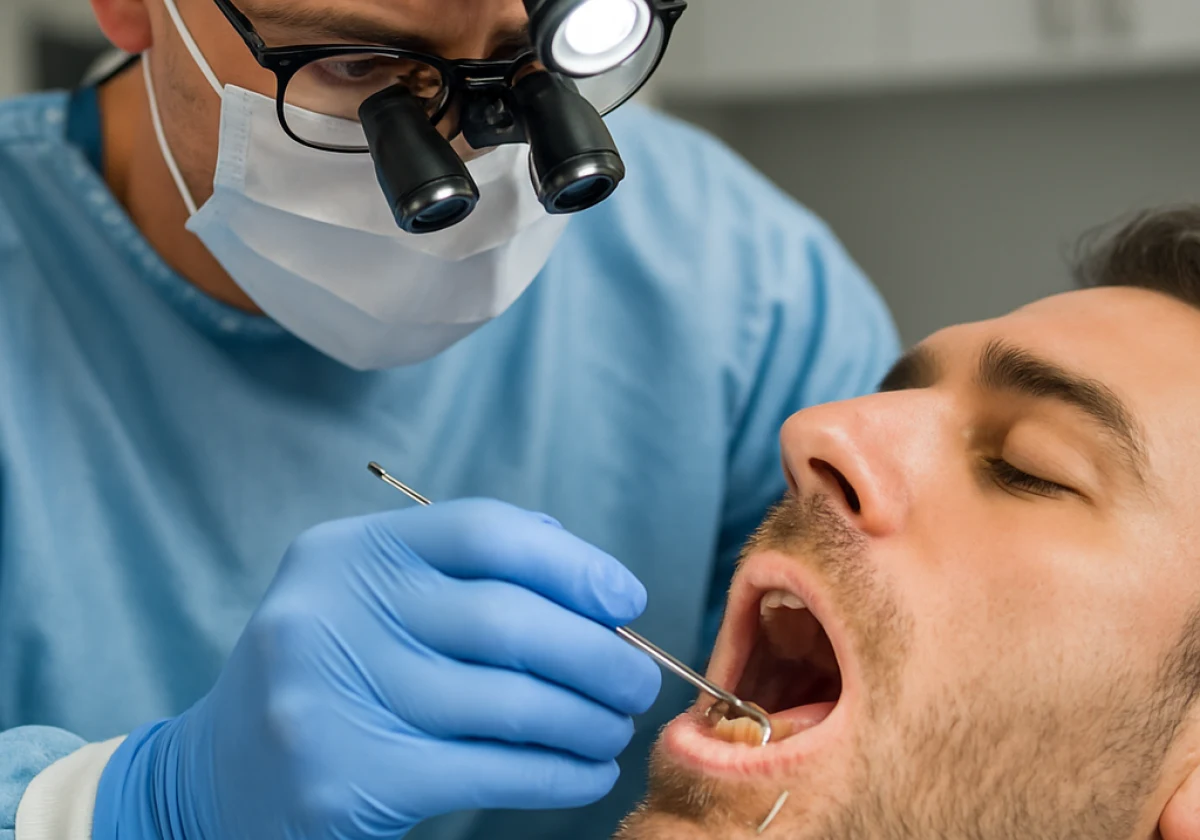 Dentist working under magnification and headlamp